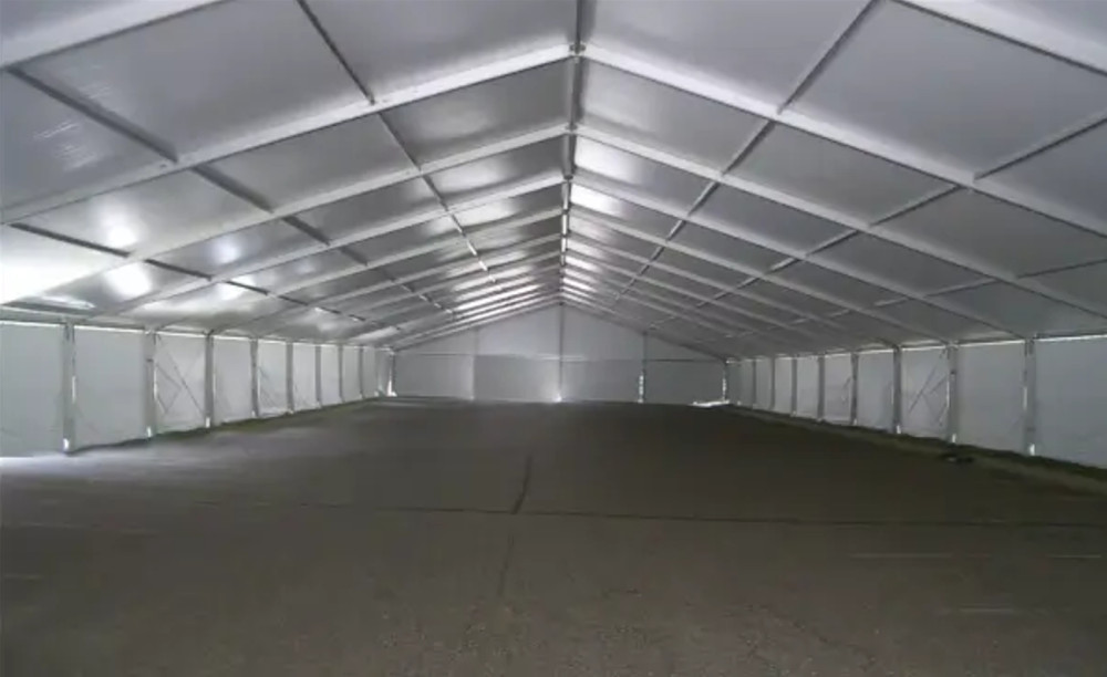 inside an a frame clear span tent for storage